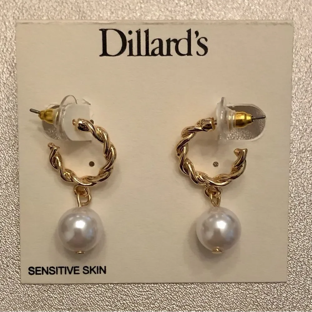 Dillard’s | Pearl Charm Twist Hoop Earrings | 1.25” Drop